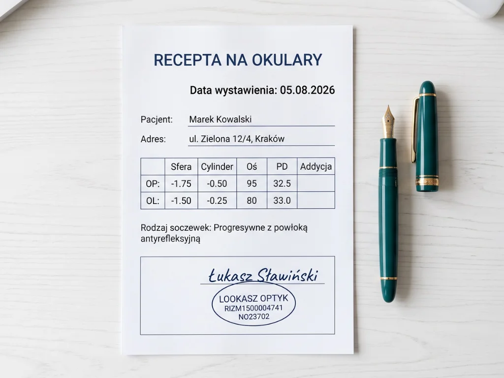 Recepta na okulary oraz zielone wieczne pióro leżące na jasnym blacie.